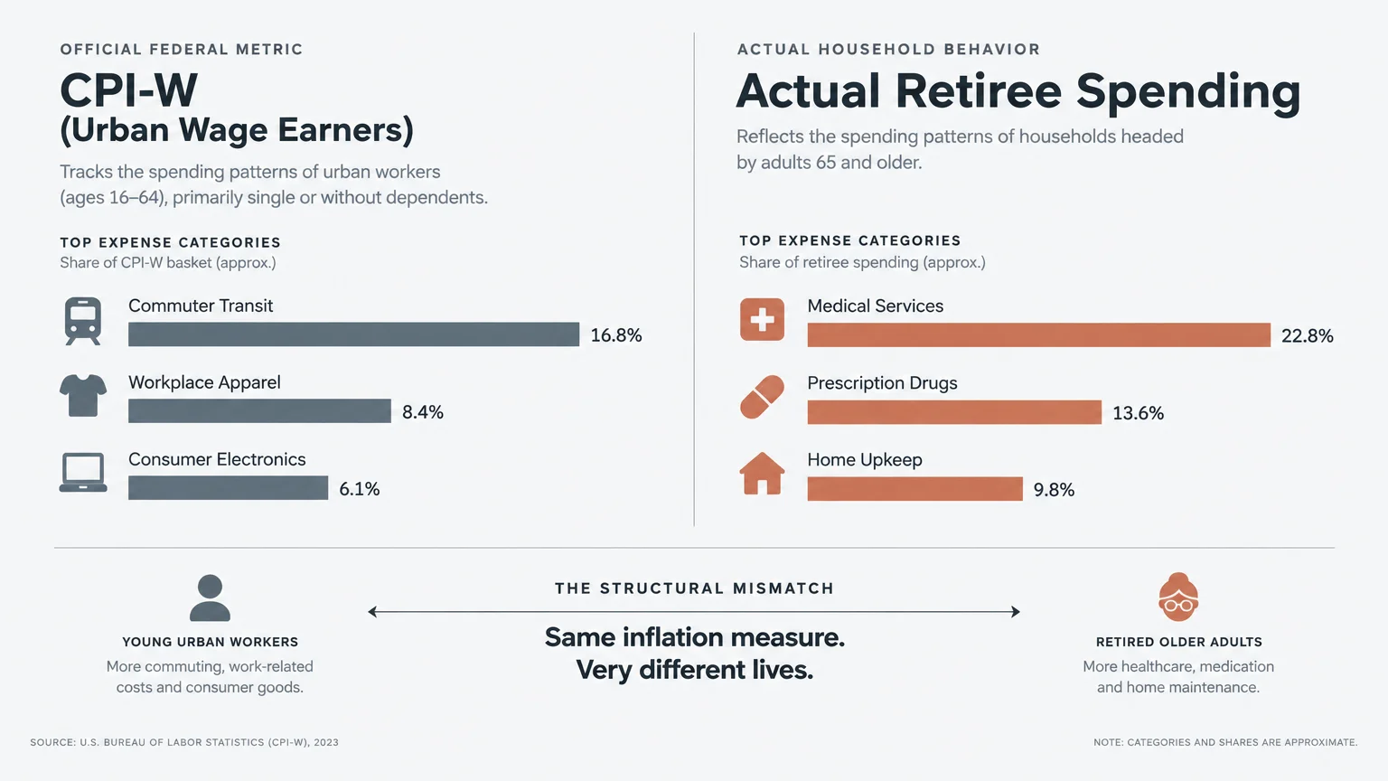 Chart comparing CPI-W spending on commuter transit and electronics to actual retiree spending on medical services and drugs.