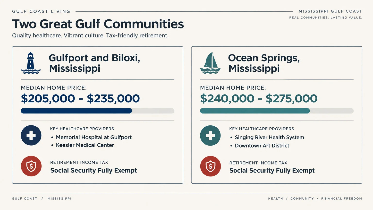 Comparison graphic of Gulfport and Biloxi versus Ocean Springs showing median home prices, healthcare, and tax status.