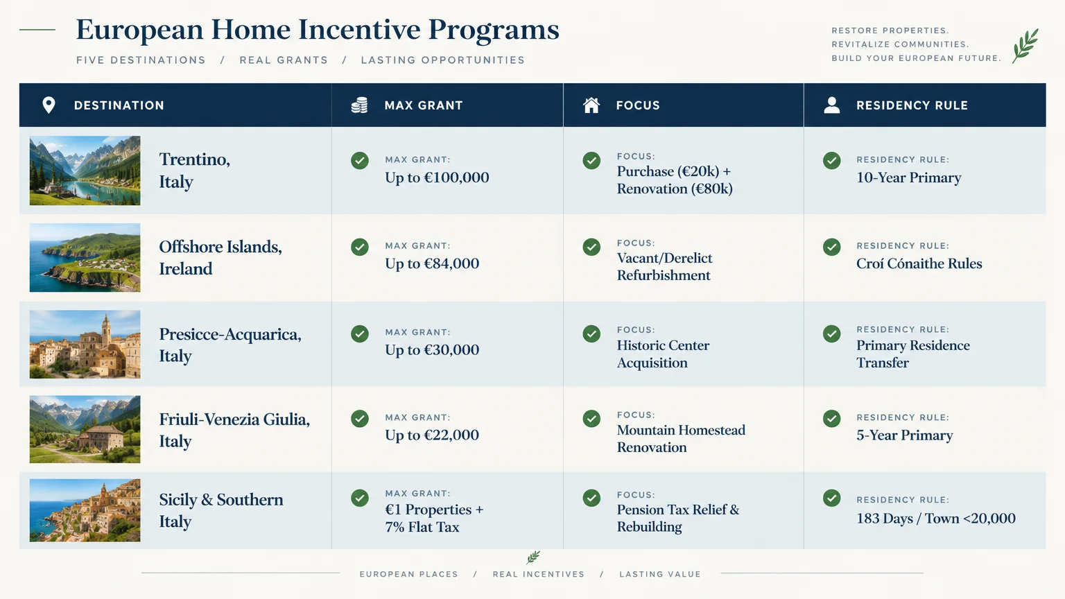 Table comparing European home incentive programs across Trentino, Offshore Islands Ireland, Presicce-Acquarica, and others.