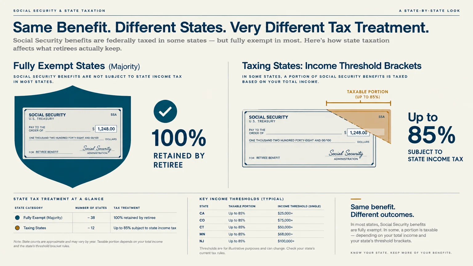 Infographic comparing Social Security checks in fully exempt states versus states taxing up to 85% of benefits.