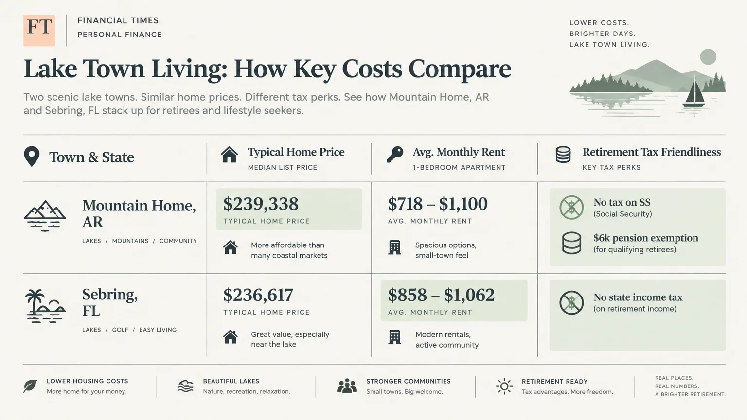 Infographic comparing typical home price, average monthly rent, and retirement tax perks for Mountain Home, AR and Sebring, FL.