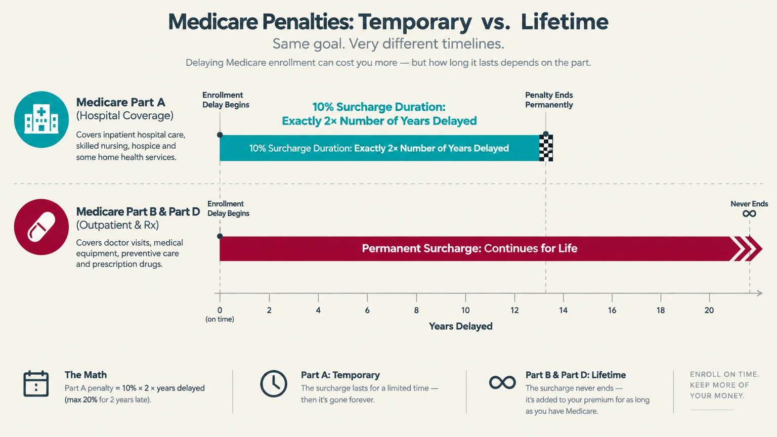 Diagram comparing the temporary duration of Medicare Part A penalties against lifetime surcharges for Part B and D.