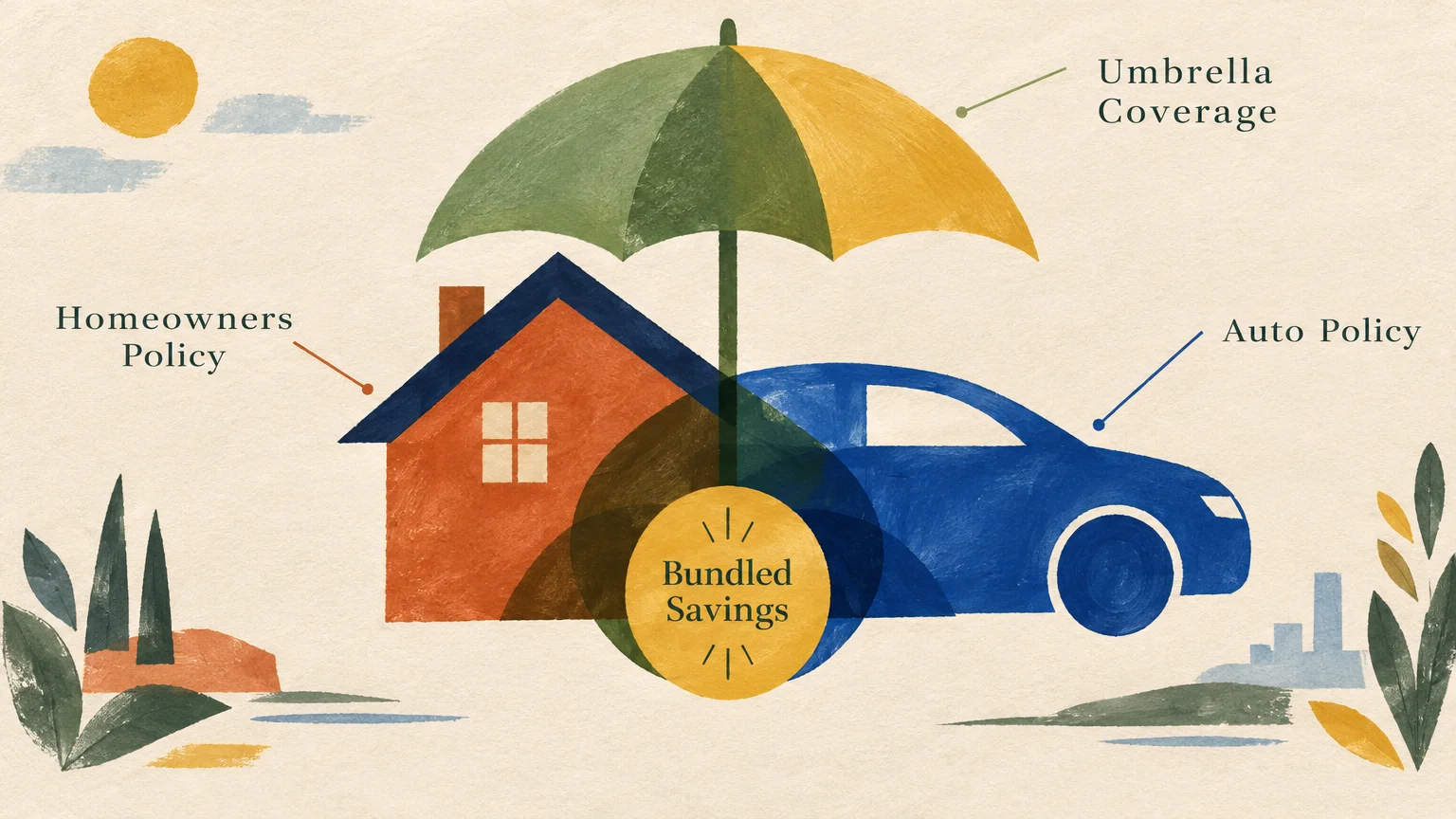 Illustration of a house and car sheltered beneath an umbrella, labeled with homeowners, auto, and umbrella coverage.