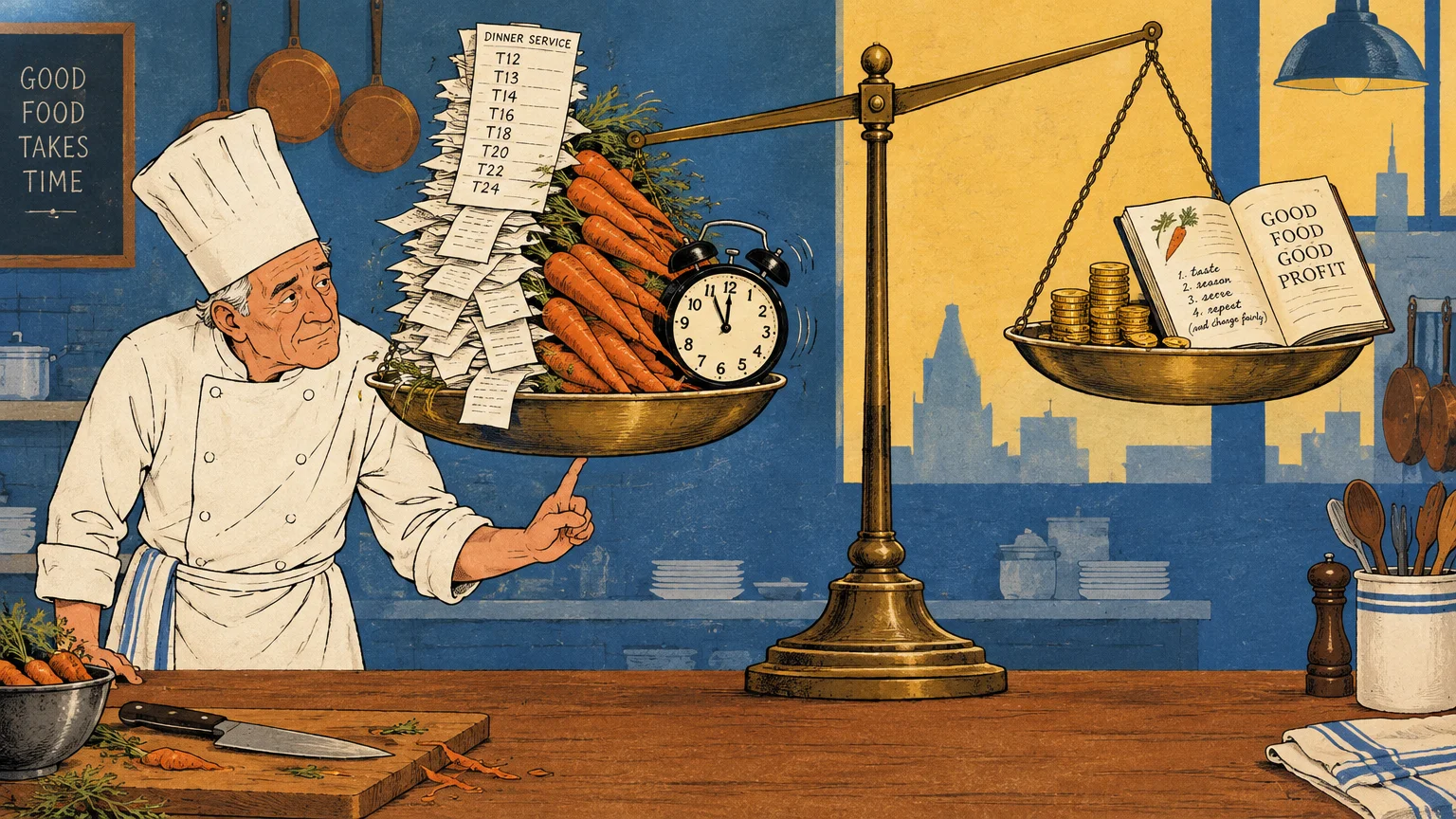 Illustration of a chef holding up a balance scale weighed down by receipts, carrots, and an alarm clock against coins and a book.