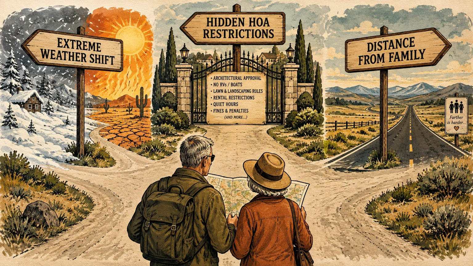 Older couple holding a map at a crossroads with signs for extreme weather, HOA restrictions, and distance from family.