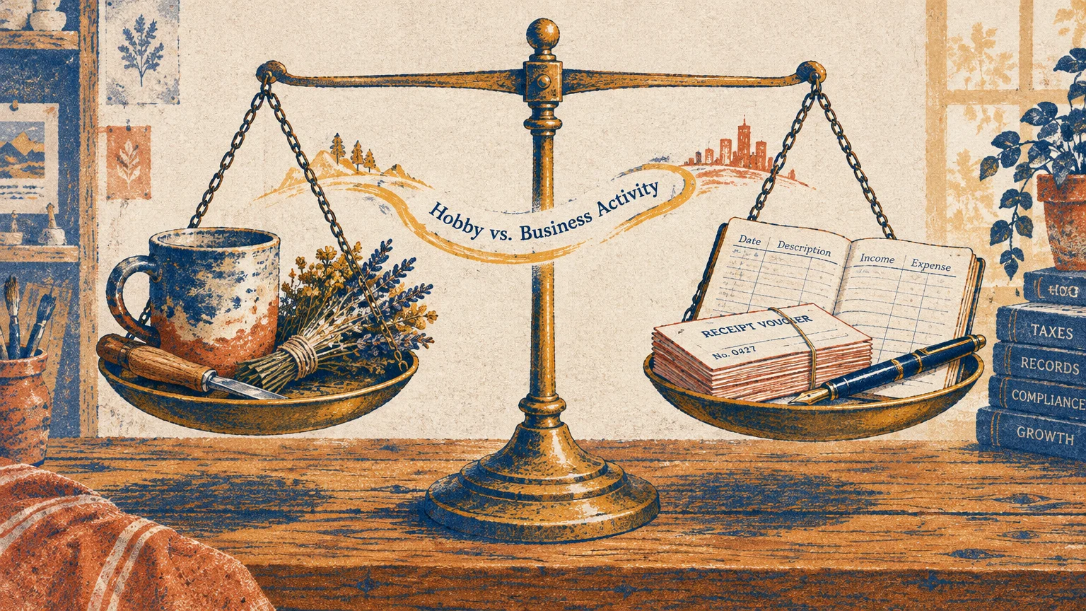 Illustration of balance scales weighing craft supplies against an income ledger and receipts labeled Hobby vs Business Activity.
