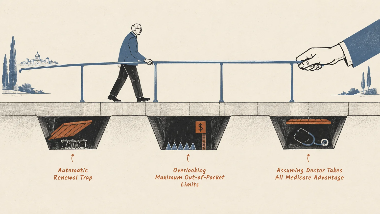 Illustration of a man walking across a stone bridge above hidden trapdoors labeled with retirement mistakes.