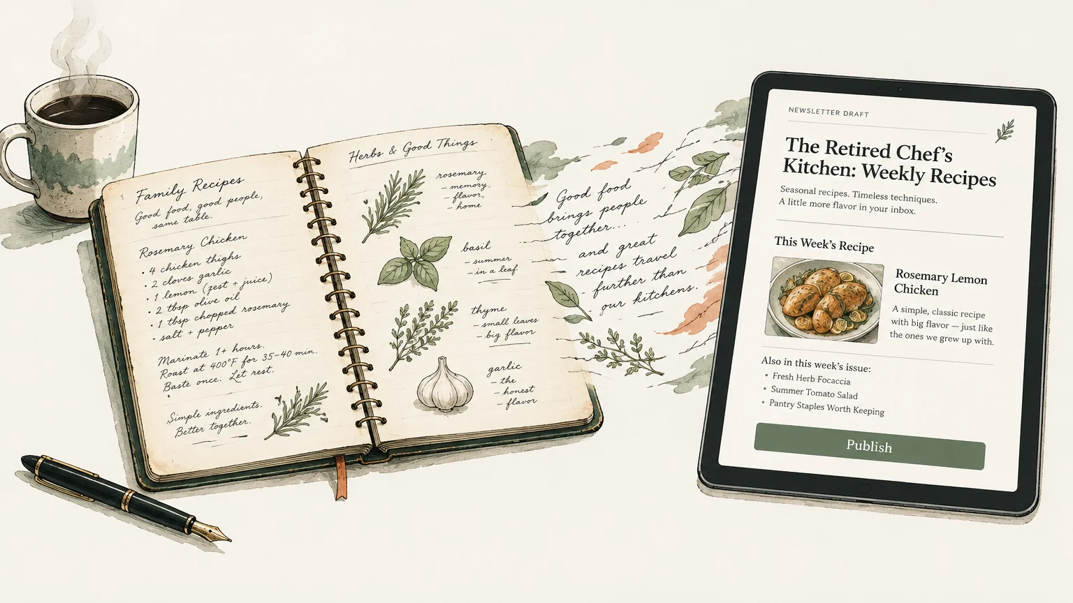 Illustrated open handwritten recipe notebook beside a fountain pen, coffee cup, and digital tablet showing a recipe draft.