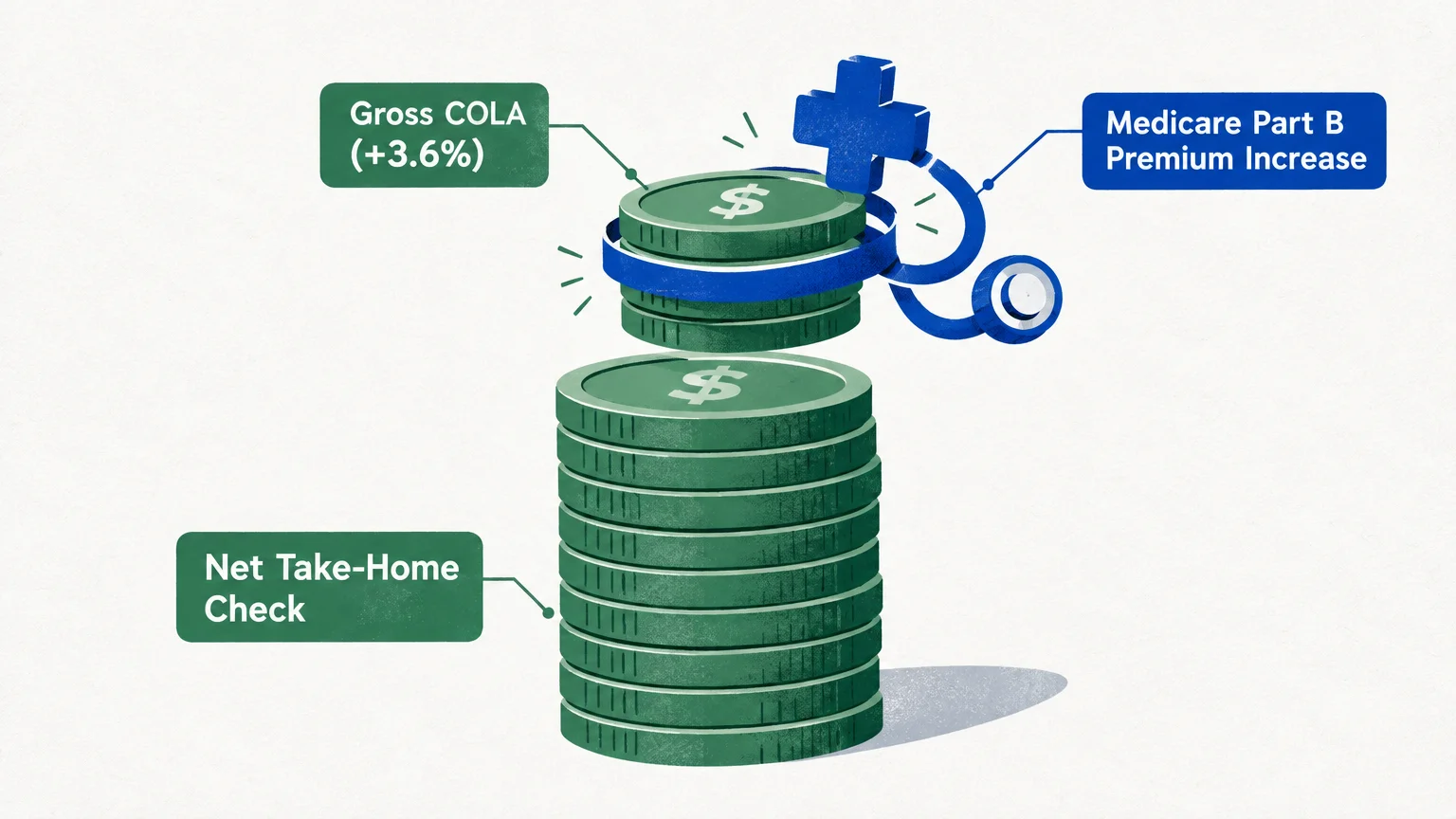 Illustration of stacked green coins labeled Gross COLA and Net Take-Home Check, with a blue stethoscope wrapped around them.