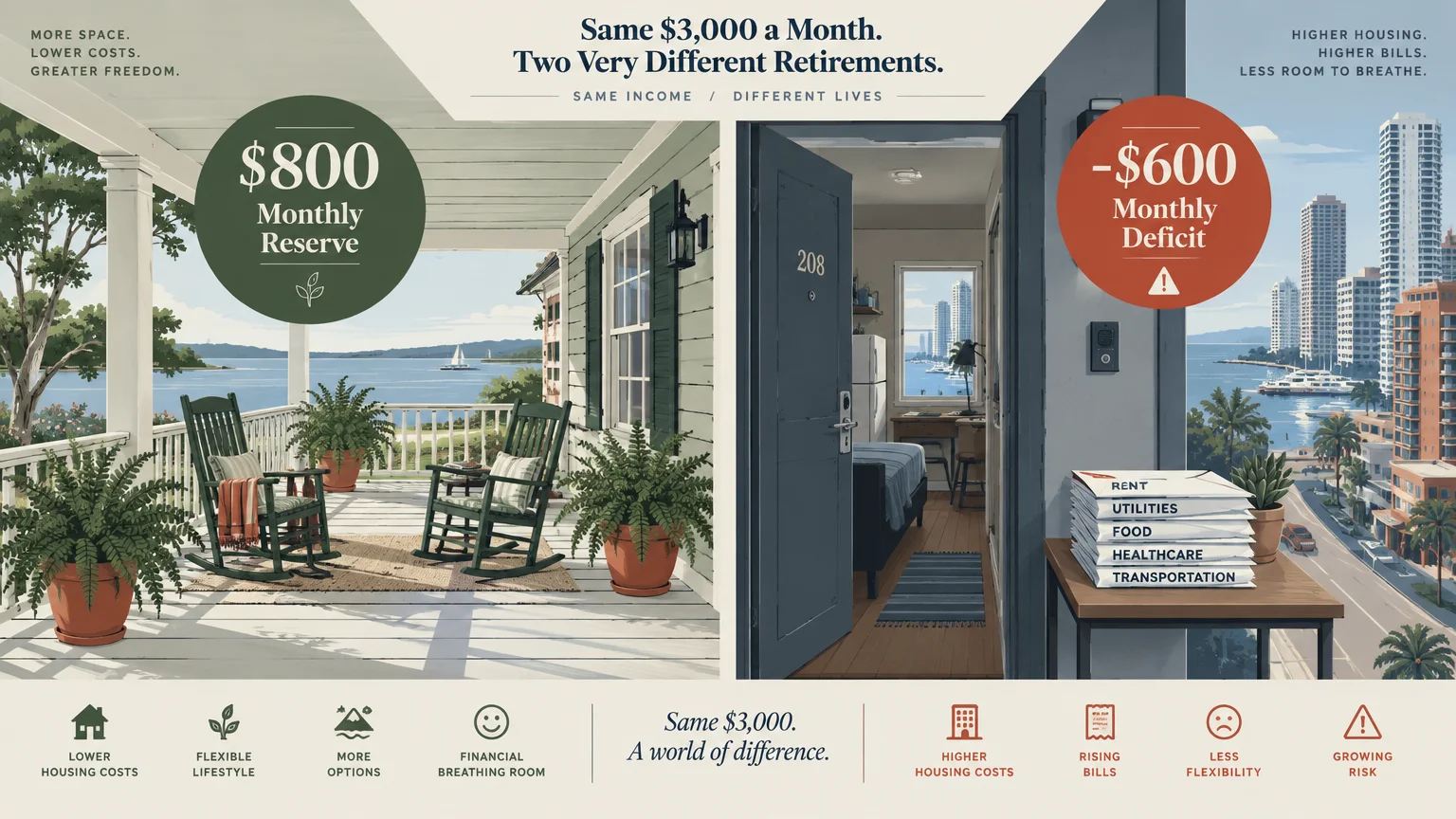 Side-by-side comparison of a spacious porch with an $800 reserve versus a cramped apartment running a $600 deficit.