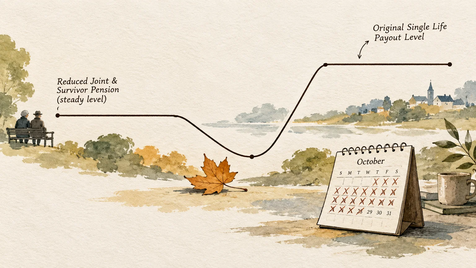 Elderly couple on a park bench beside a pension payout line graph, a fallen maple leaf, and an October desk calendar.