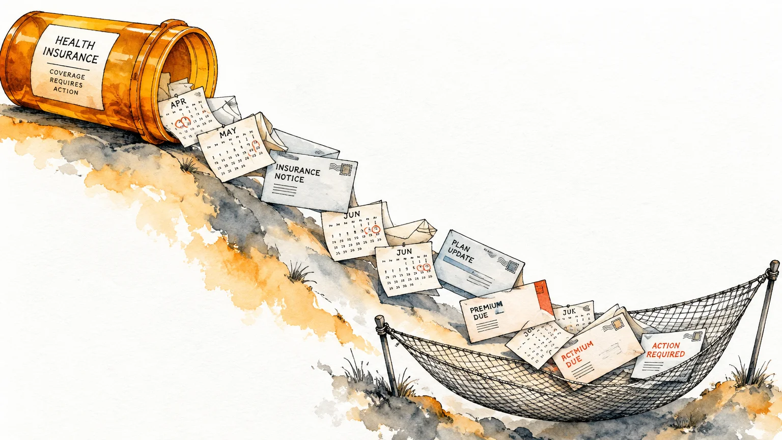 Watercolor illustration of a pill bottle spilling calendar pages and insurance notices down a slope into a safety net.
