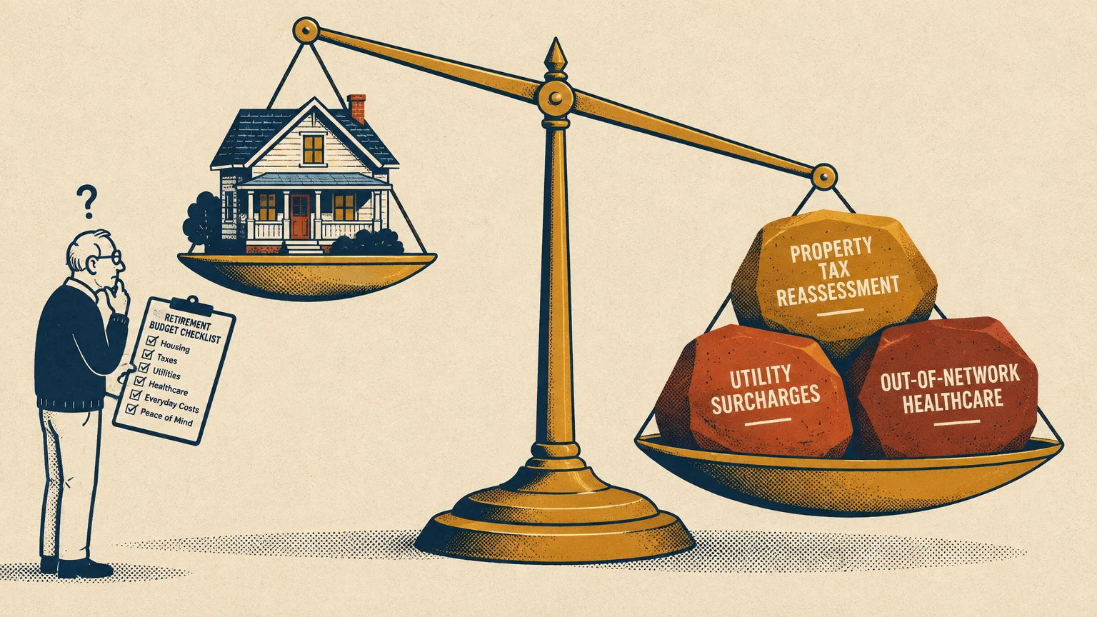 Illustration of a scale balancing a house against heavy rocks labeled with unexpected retirement costs.