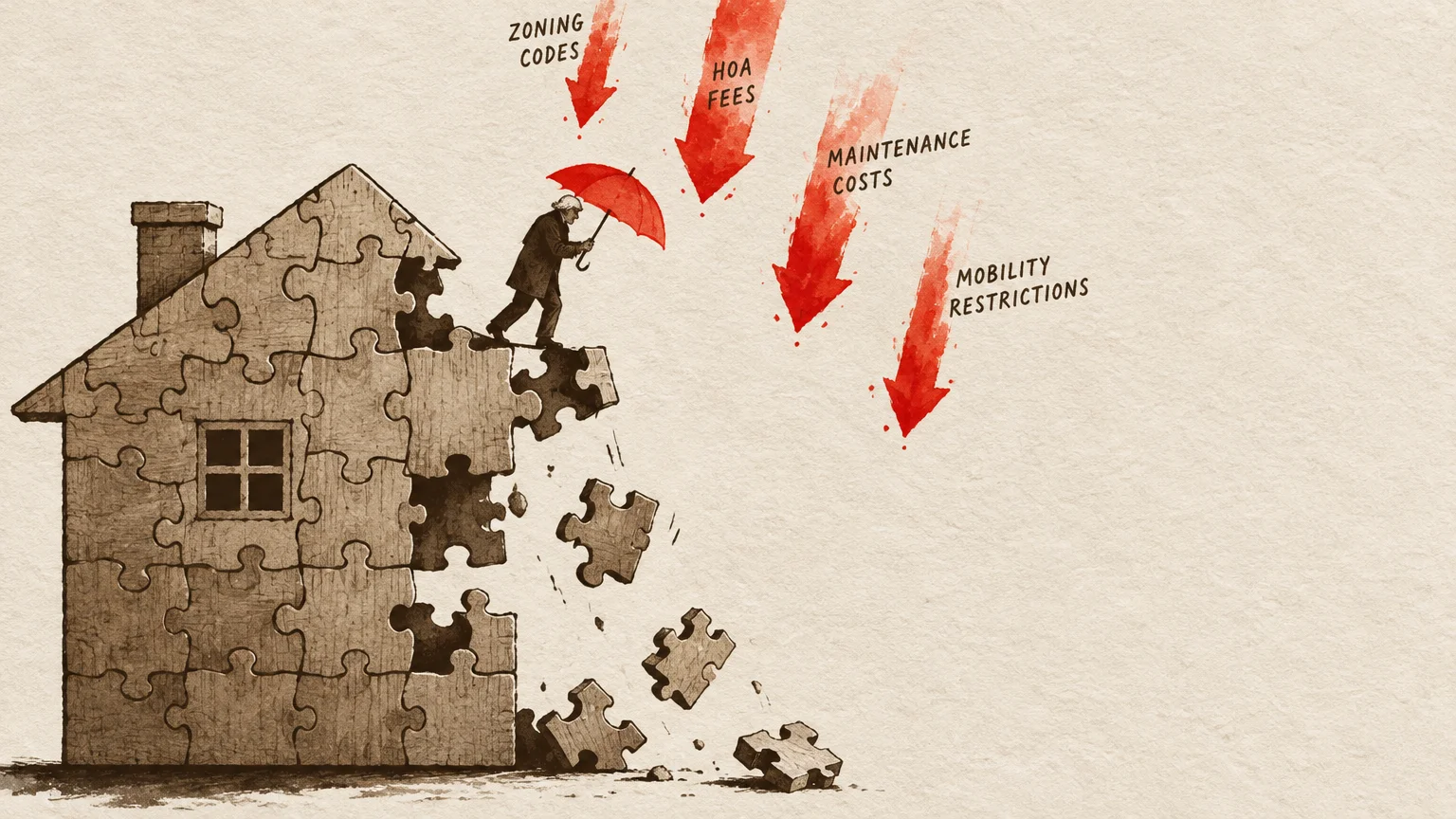 Man with red umbrella walks on a crumbling puzzle house beneath falling red arrows labeled with housing risks.
