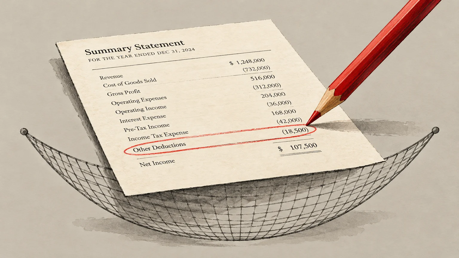 Illustration of a financial summary statement resting in a wire net as a red pencil circles Other Deductions.