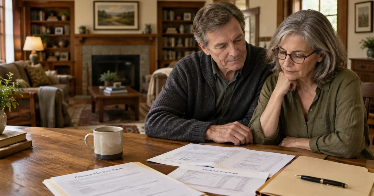 Mature couple reviewing pension election documents and financial summary papers on a wooden table at home.