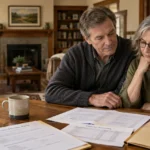 Mature couple reviewing pension election documents and financial summary papers on a wooden table at home.
