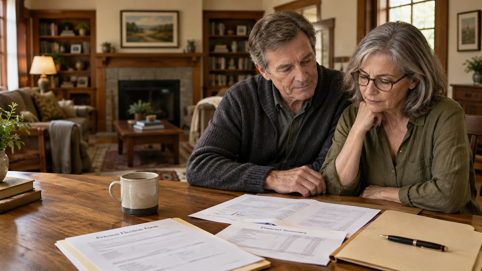 Mature couple reviewing pension election documents and financial summary papers on a wooden table at home.