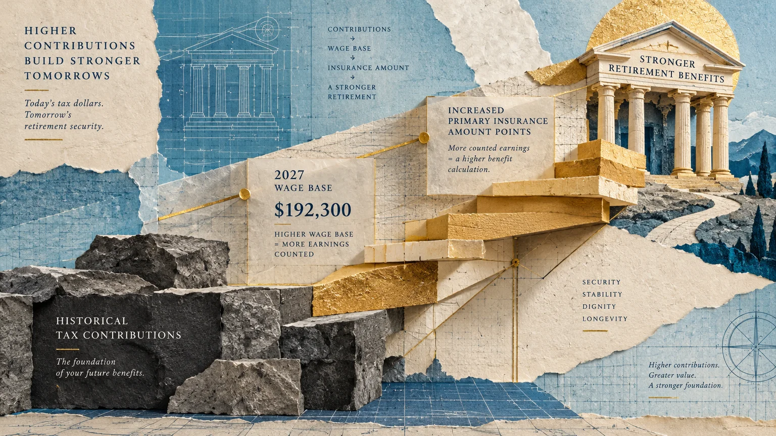 Mixed media collage of ascending stone steps leading to a classical temple, paired with architectural blueprints and text.