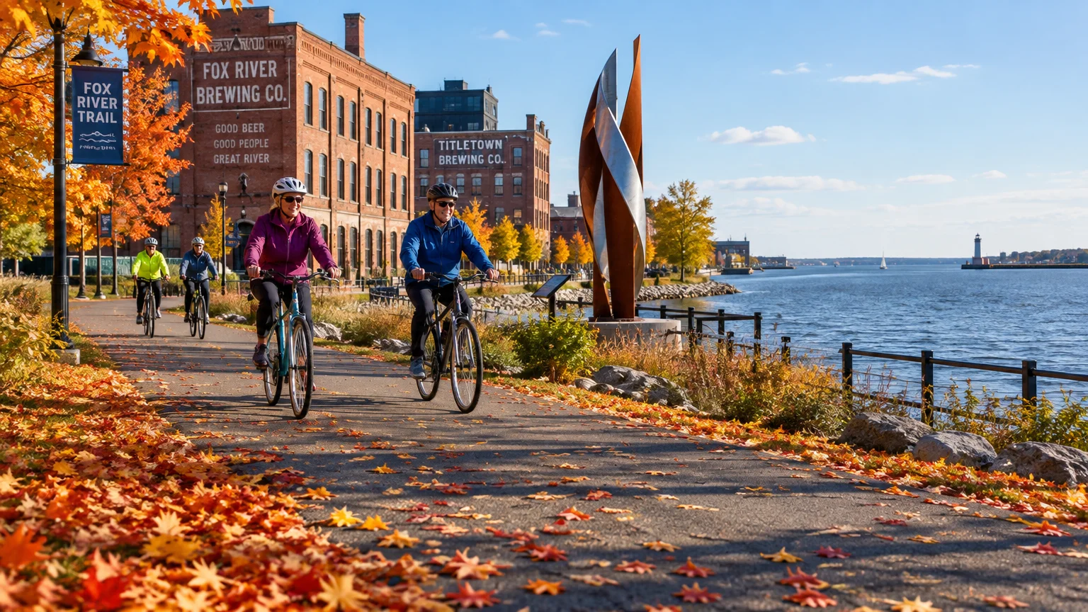Cyclists ride along a leaf-covered waterfront path past brick brewery buildings and a metal sculpture on a sunny day.