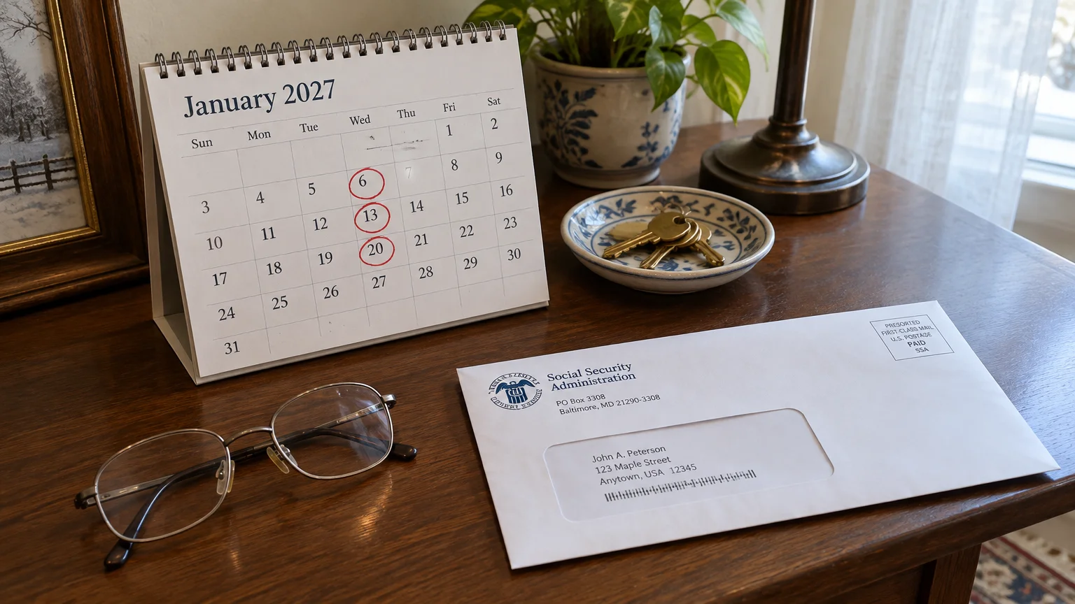 A desk with a January 2027 calendar circling dates, a Social Security Administration envelope, and eyeglasses.