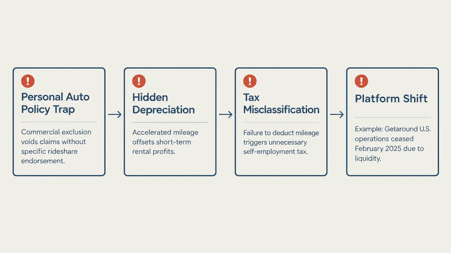 Flowchart showing four retirement risk boxes: Personal Auto Policy Trap, Hidden Depreciation, Tax Misclassification, and Platform Shift.