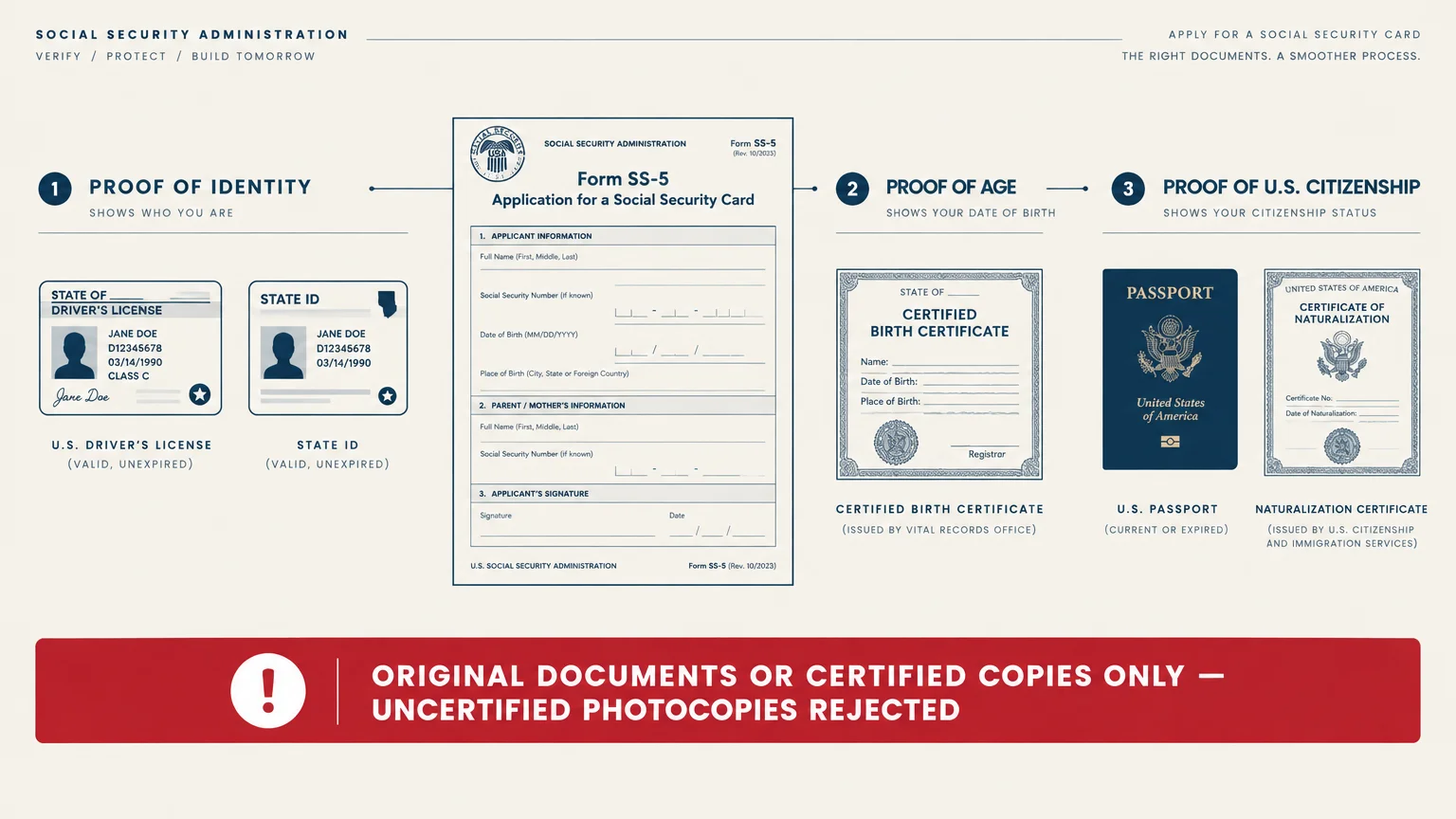 Diagram of Form SS-5 with required identity, age, and citizenship documents, plus a banner rejecting photocopies.