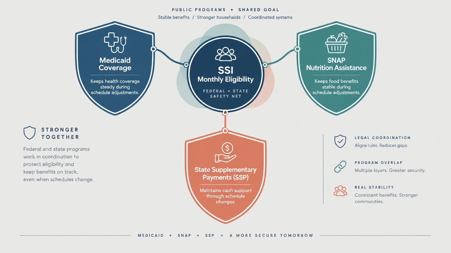 Diagram linking a central SSI circle to shields for Medicaid coverage, SNAP nutrition assistance, and state supplementary payments.