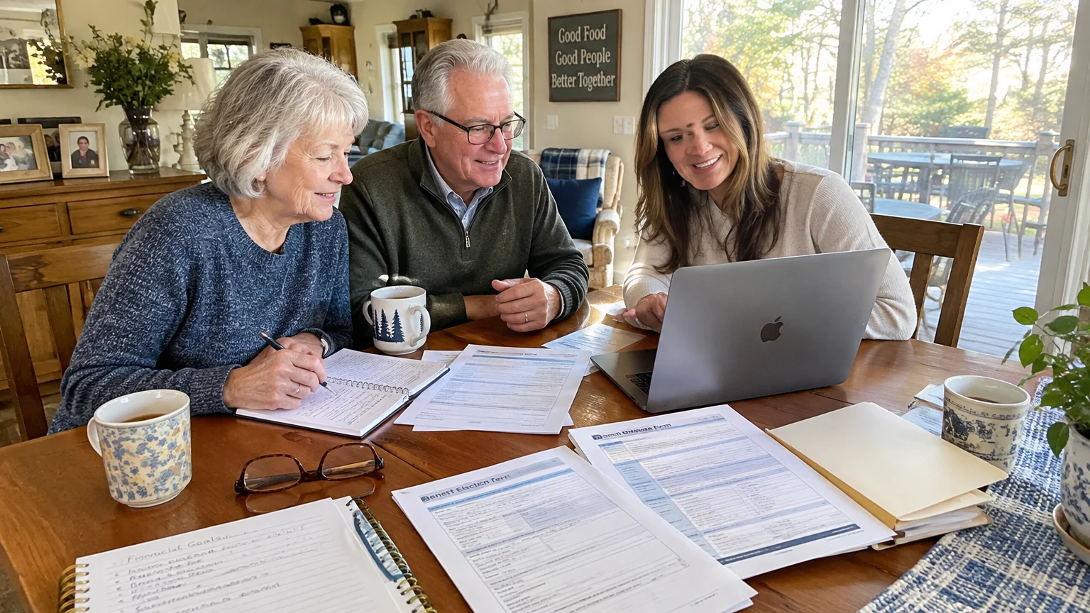 A smiling older couple sits at a wooden table with a younger woman looking at a laptop beside paperwork and mugs.