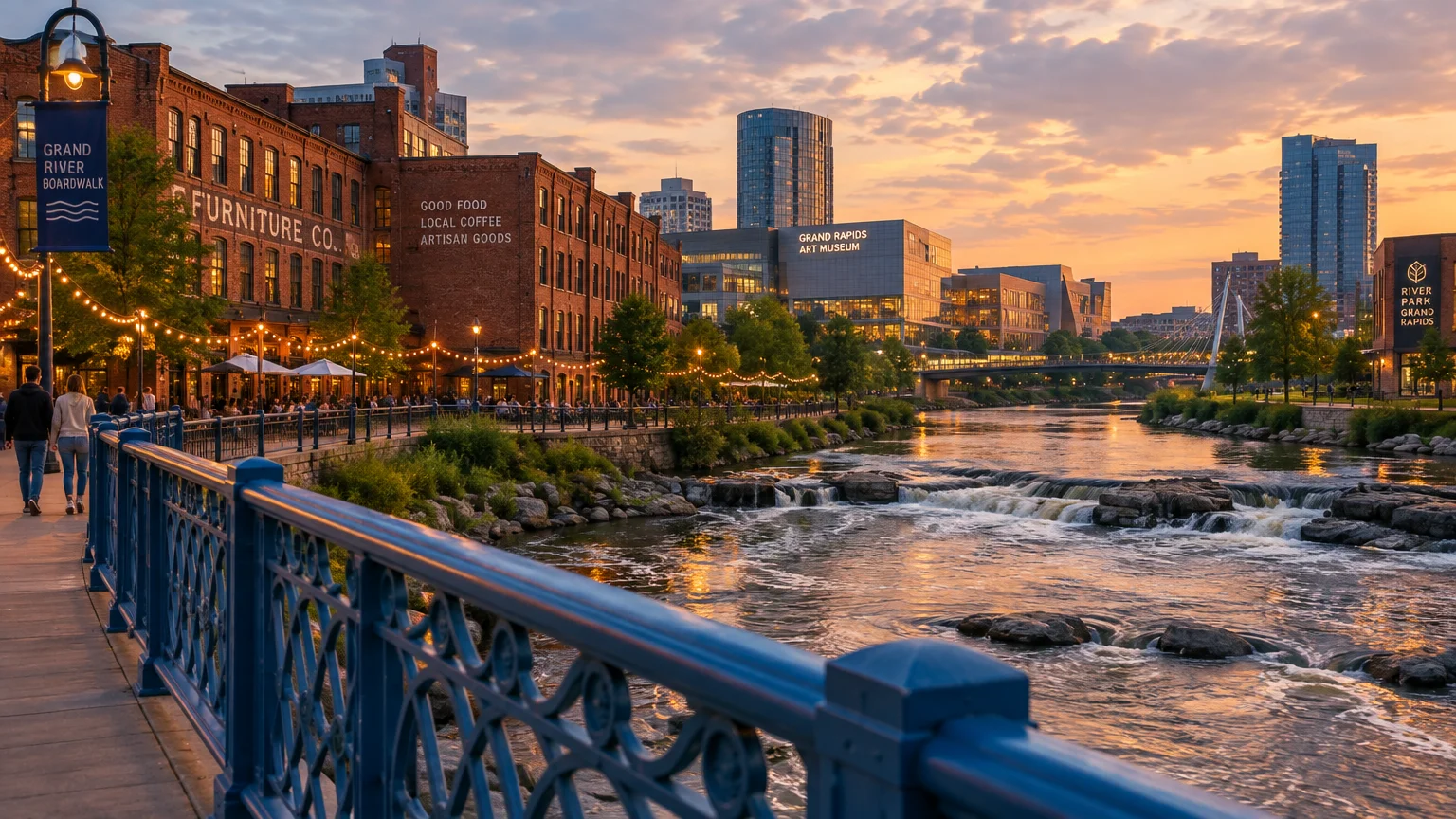 Riverfront boardwalk with brick buildings, string lights, and rushing water facing city skyscrapers at sunset.