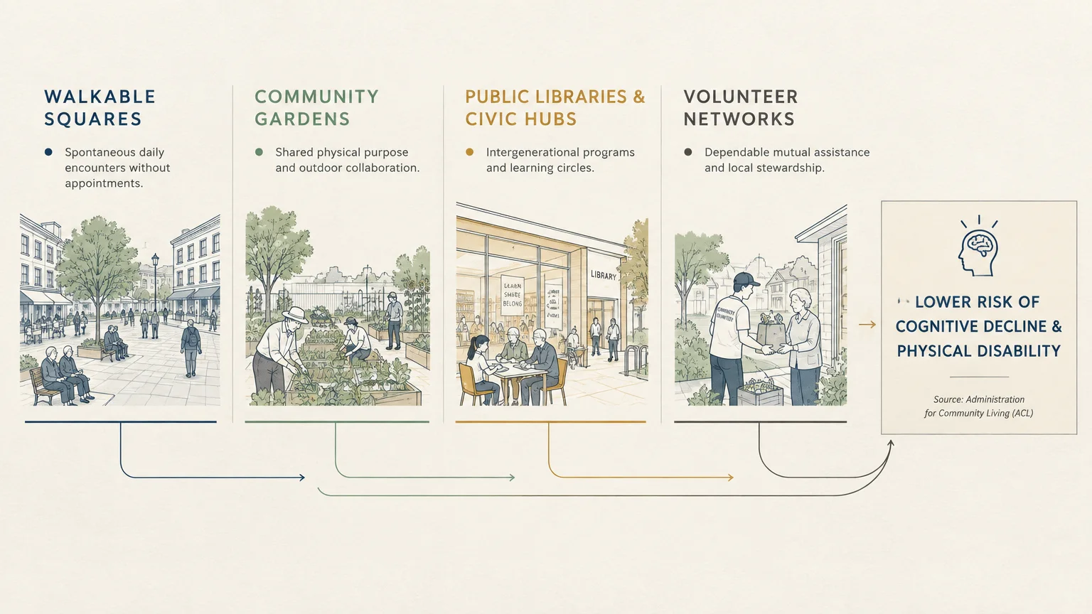 Diagram linking walkable squares, gardens, libraries, and volunteer networks to reduced cognitive decline risk.