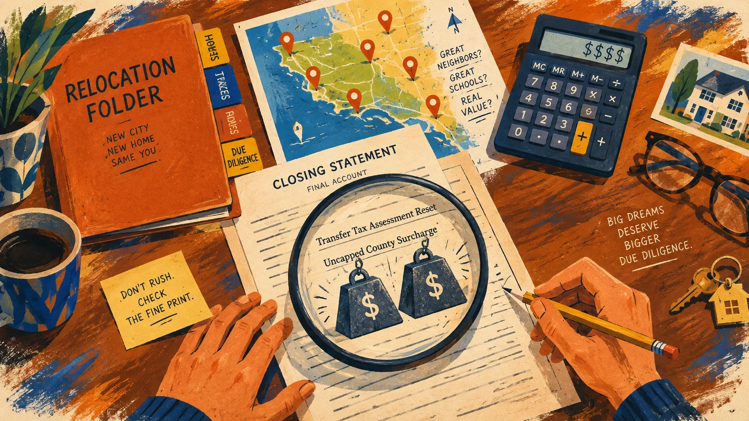 Overhead illustration of hands reviewing closing paperwork through a magnifying glass beside a relocation folder and calculator.