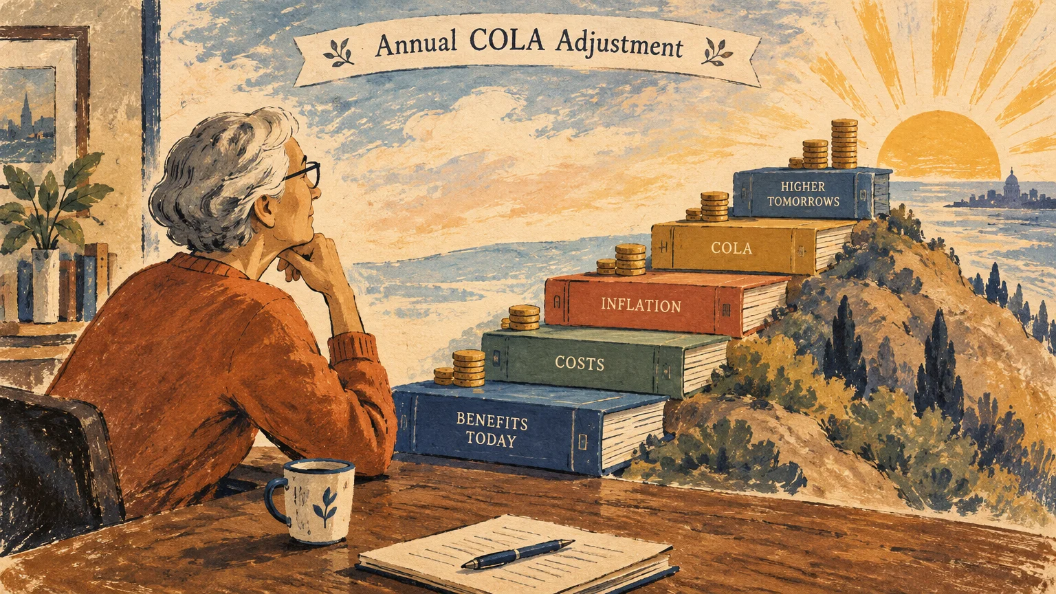 Woman looks at a staircase of giant labeled books and coin stacks ascending toward a sunrise on a hill.