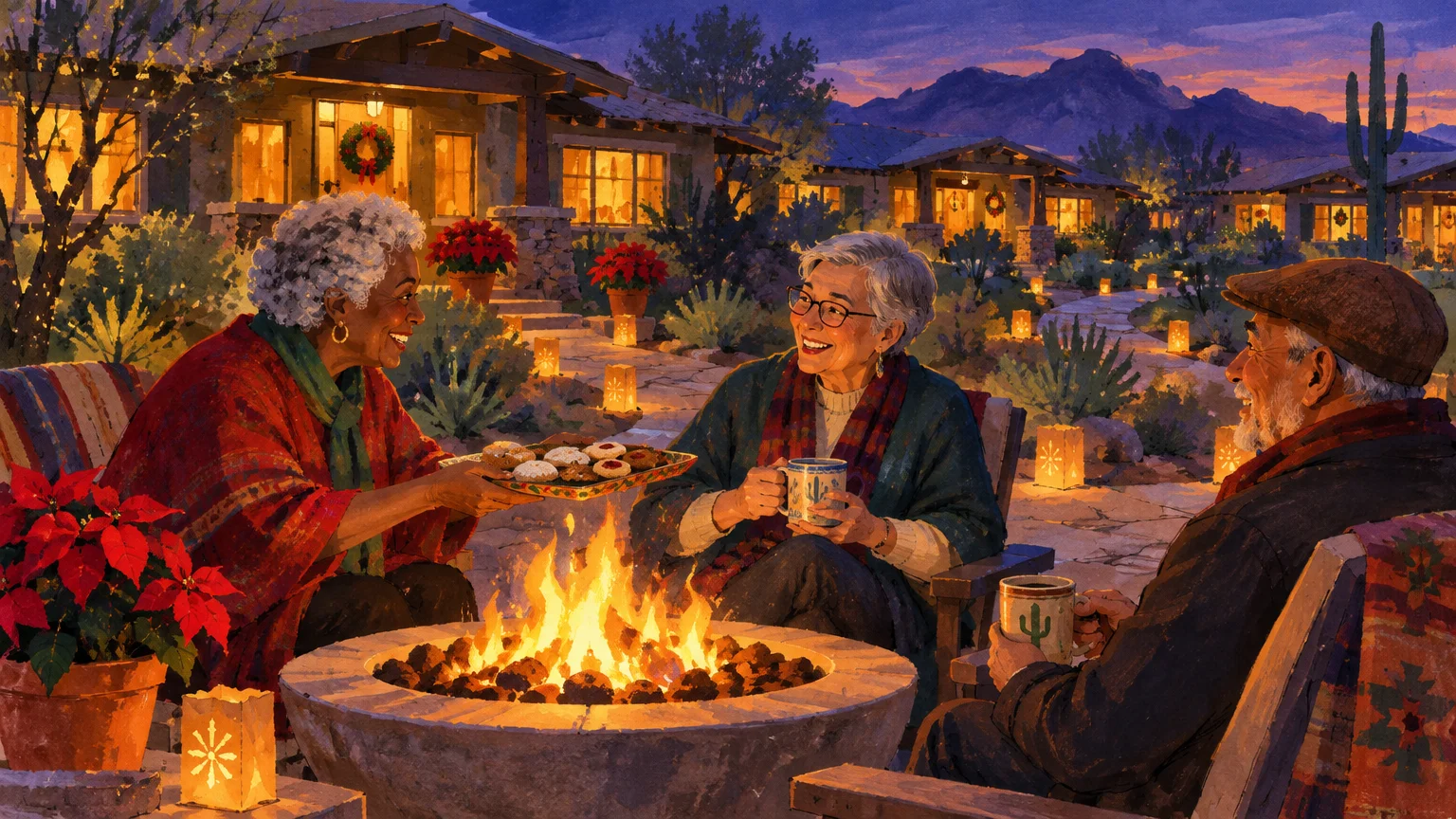 Three senior friends share warm drinks and cookies around an outdoor fire pit decorated with festive luminarias at dusk.