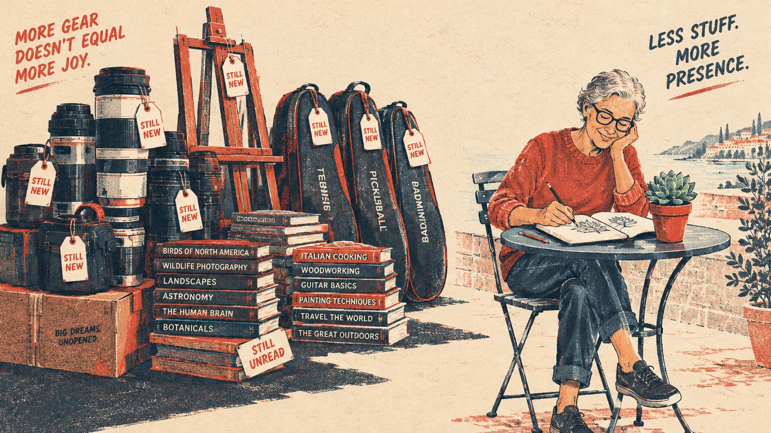 Illustration of a woman sketching outdoors beside piles of unopened hobby equipment tagged "Still New".