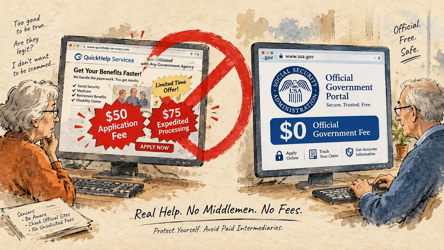 Split illustration contrasting a deceptive paid third-party website crossed out in red with the official free SSA portal.