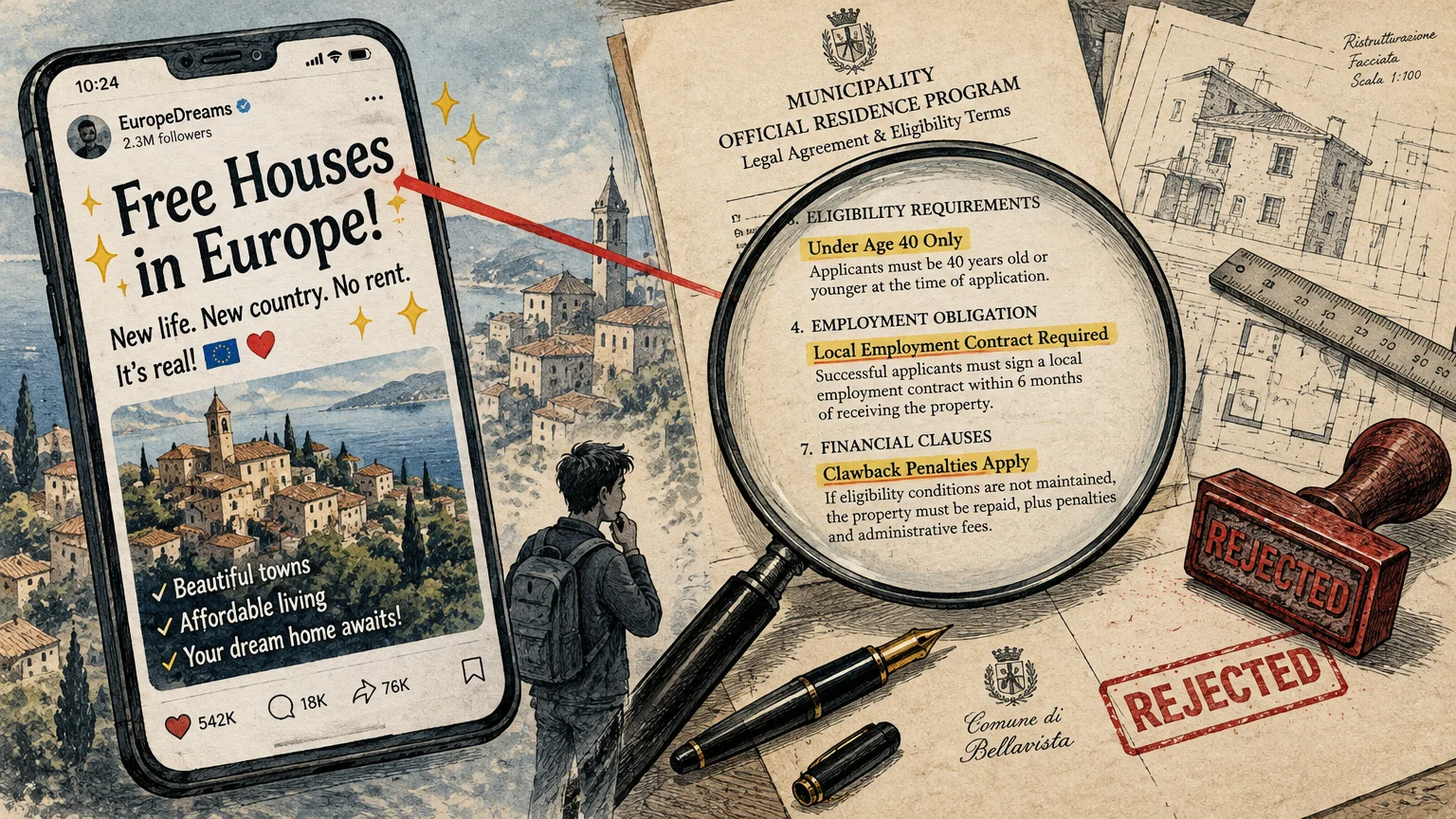 A phone displaying viral European home posts beside residence terms under a magnifying glass and a rejected stamp.