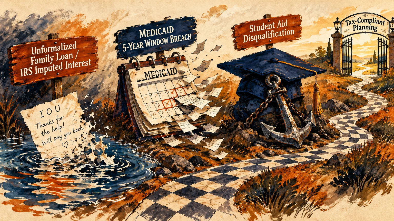 Illustration of a checkered path passing signs for financial pitfalls toward a gate labeled Tax-Compliant Planning.
