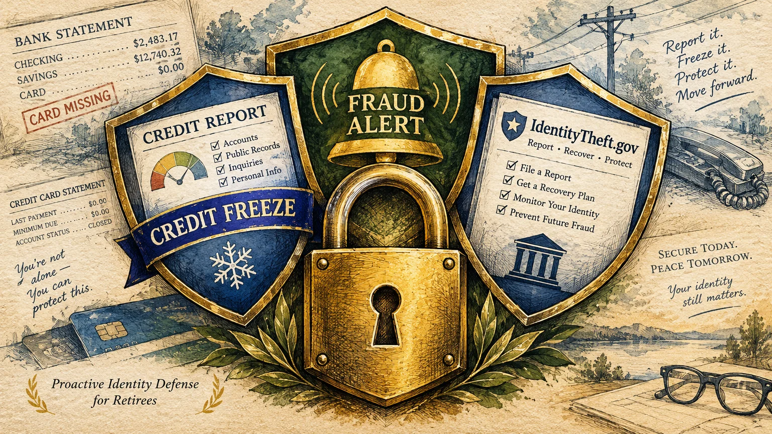 Illustration of a golden padlock, fraud alert bell, and protective shields for credit freeze and identity theft recovery.