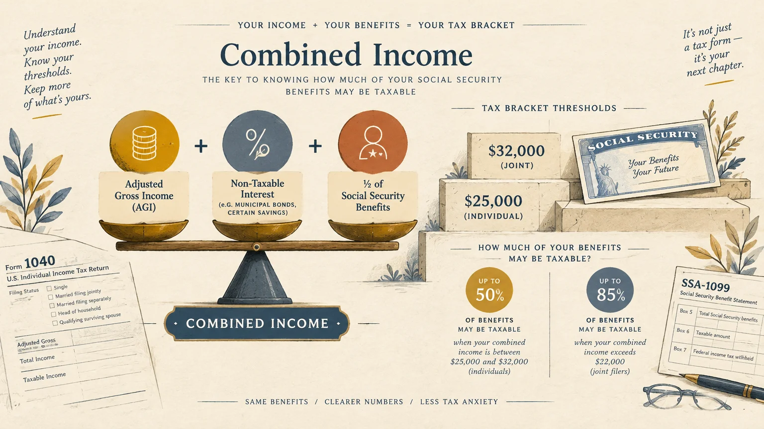 Infographic illustrating the combined income formula using a balance scale alongside tax bracket thresholds and tax forms.