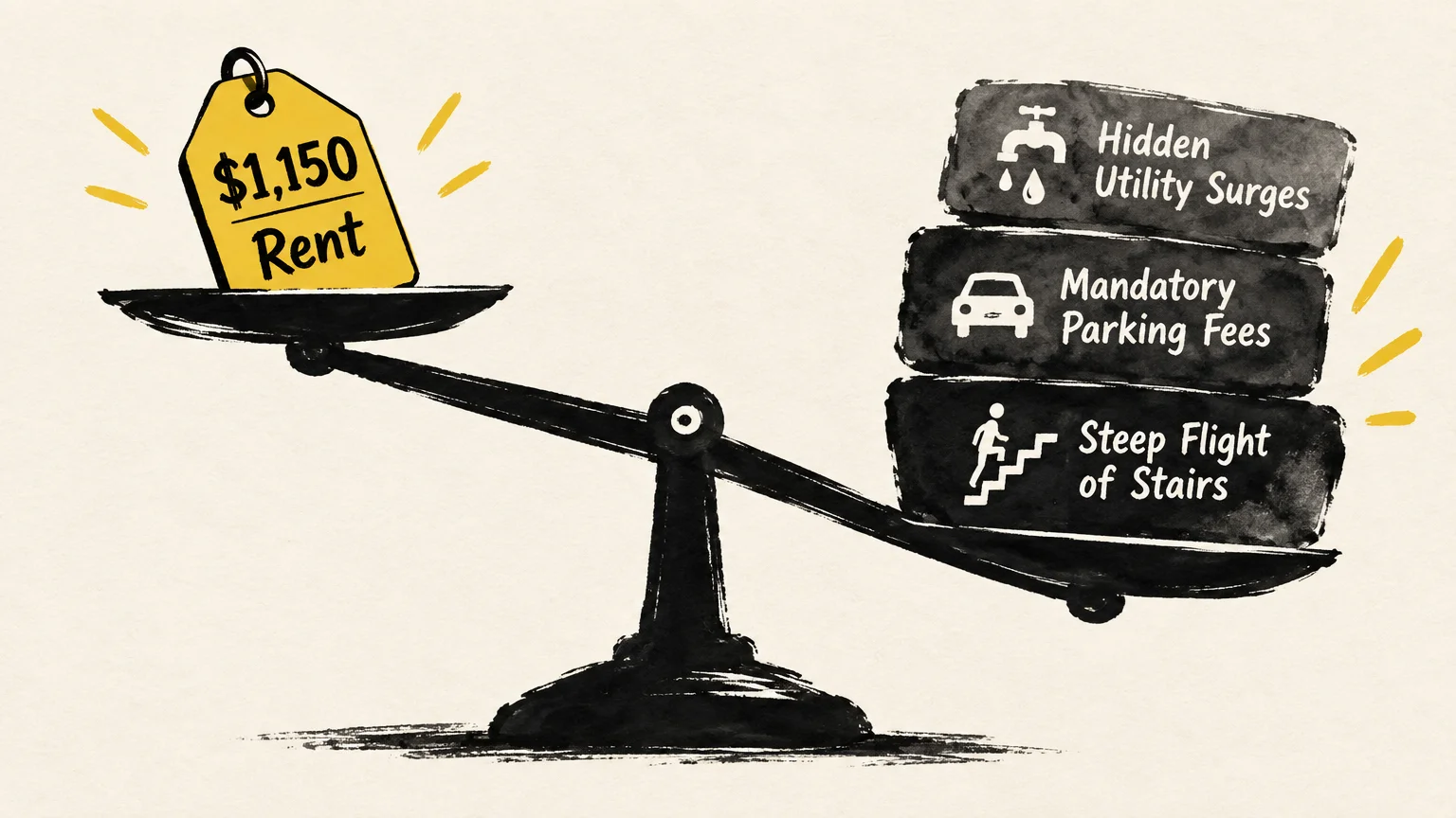 A balance scale weighing a yellow $1,150 rent tag against three black blocks listing utility surges, parking, and stairs.