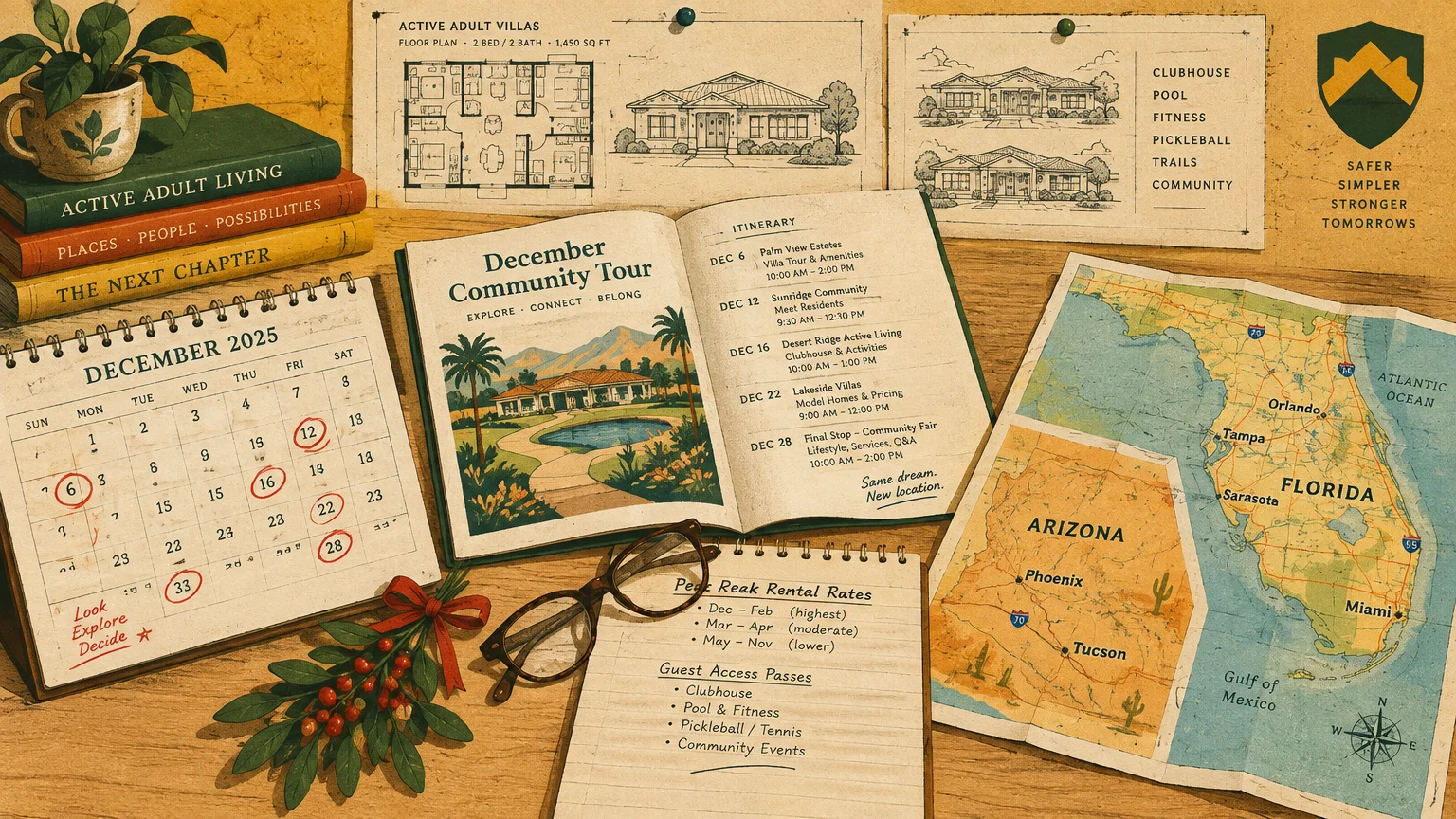 Desk with a December calendar, itinerary booklet, villa floor plans, maps of Arizona and Florida, and a notepad with rental rates.