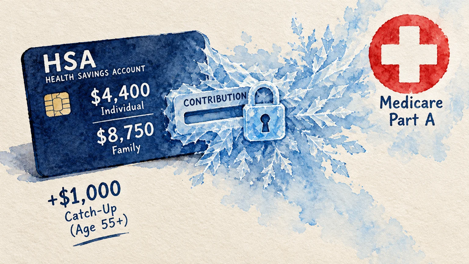 Watercolor illustration of an HSA card frozen in ice with a padlock next to a red Medicare Part A cross emblem.