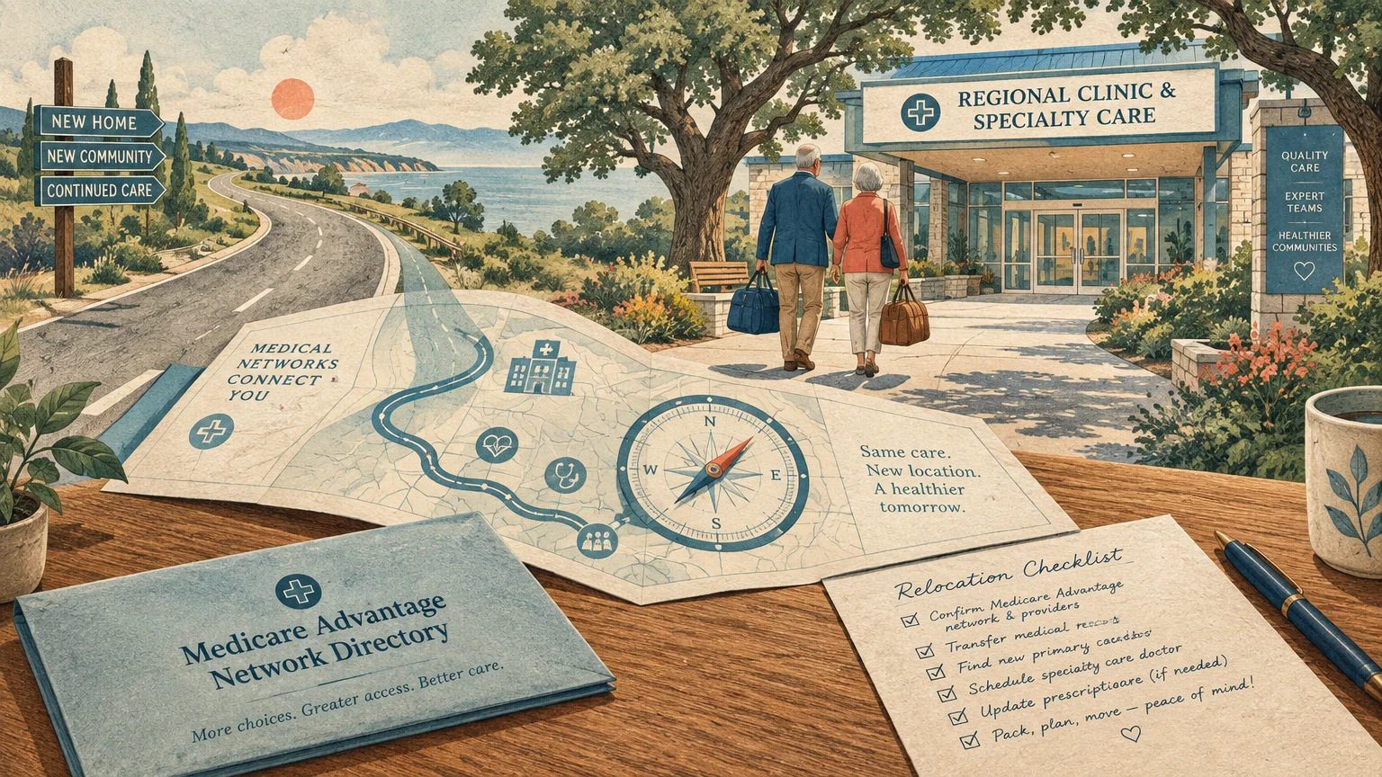 Illustration of an older couple walking toward a regional clinic, beside a map, directory, and relocation checklist.