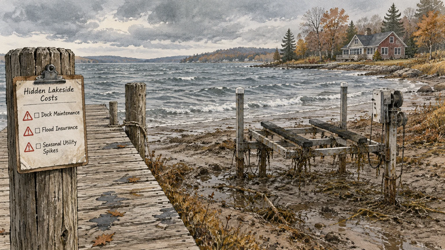 Illustration of a wooden pier with a "Hidden Lakeside Costs" checklist next to an empty boat lift on a lake shore.