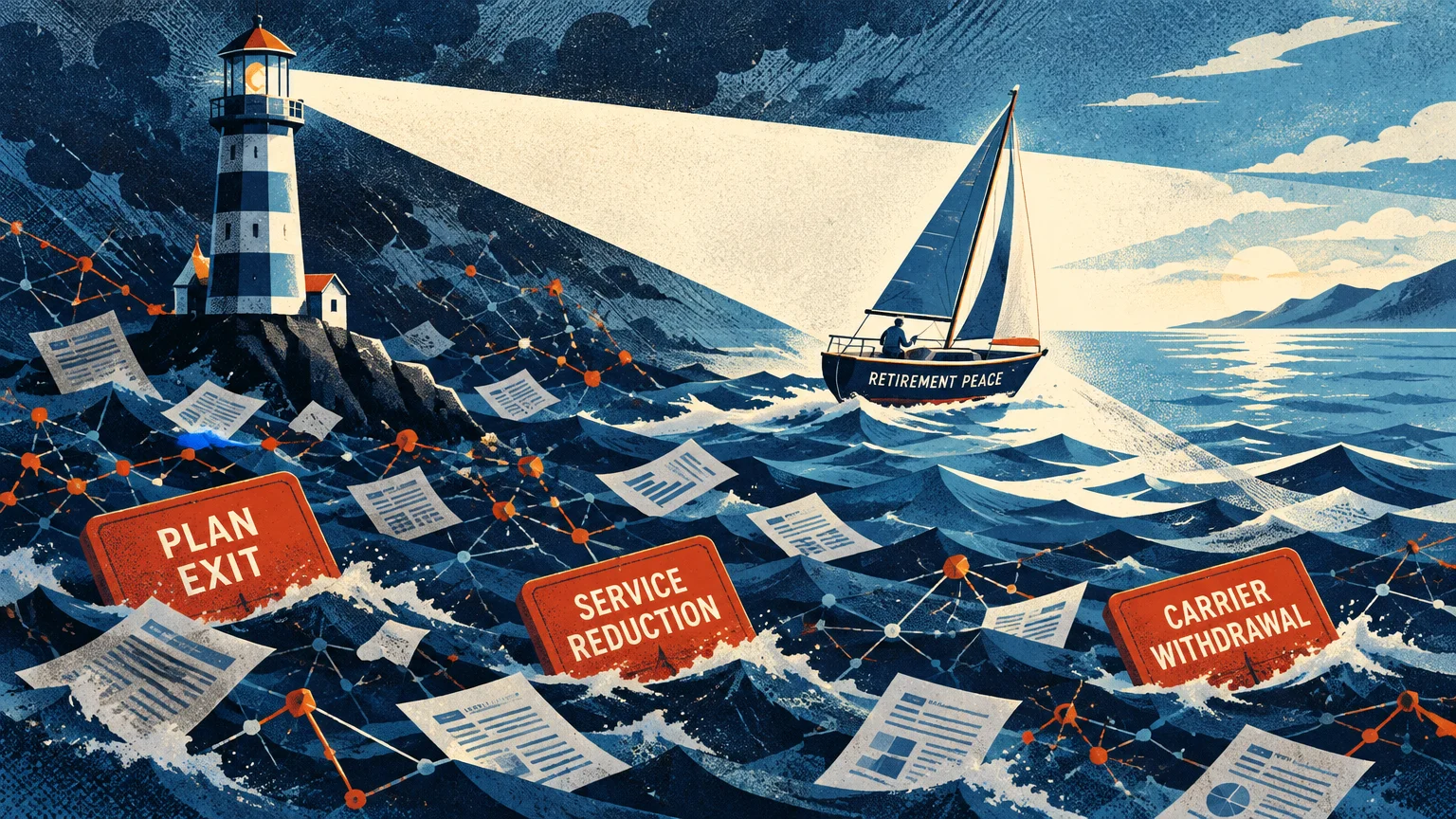 Illustration of a sailboat in stormy waters guided by a lighthouse past signs reading plan exit and carrier withdrawal.