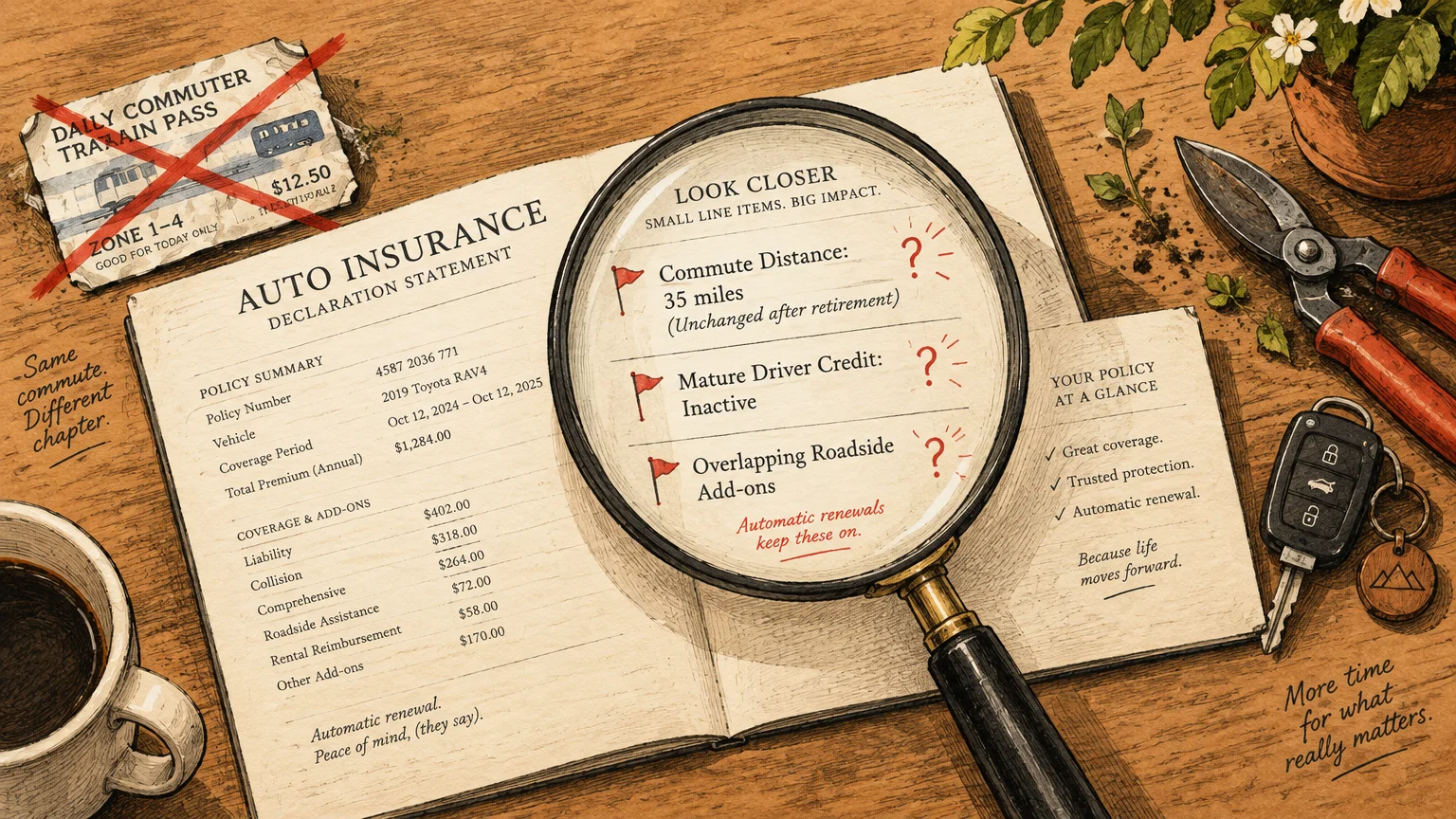 Auto insurance declaration statement viewed under a magnifying glass, highlighting unchanged commute distance and inactive mature driver cre