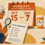 Illustration of an older woman reviewing a plan summary next to a calendar marked for Medicare enrollment from Oct 15 to Dec 7.