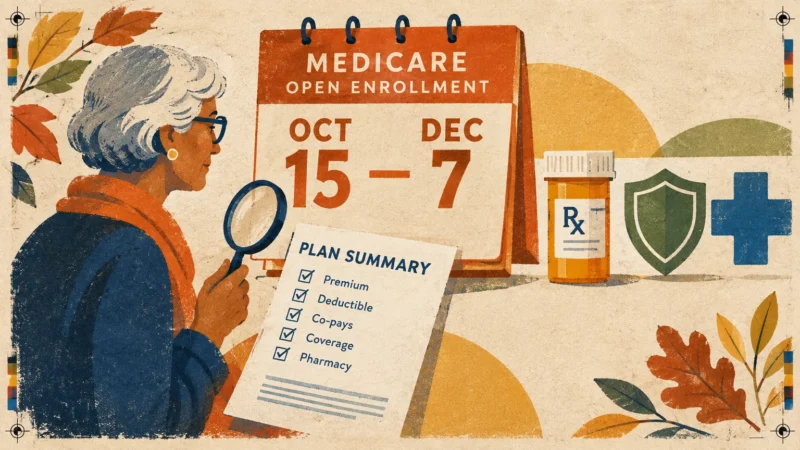 Illustration of an older woman reviewing a plan summary next to a calendar marked for Medicare enrollment from Oct 15 to Dec 7.