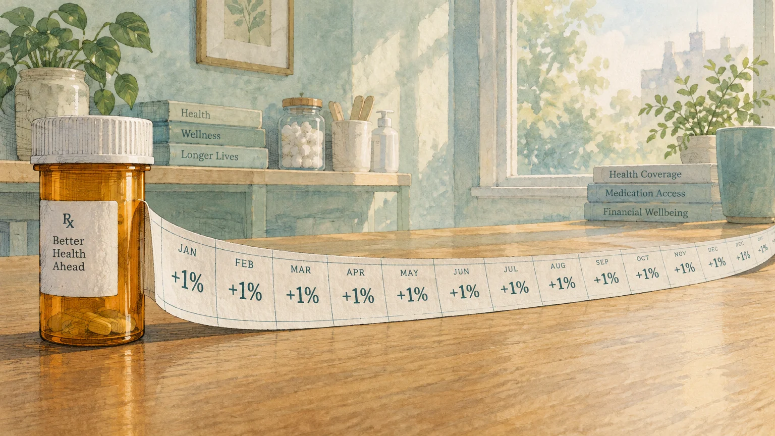 Prescription pill bottle with an unspooling paper label marked with months and plus one percent on a wooden table.